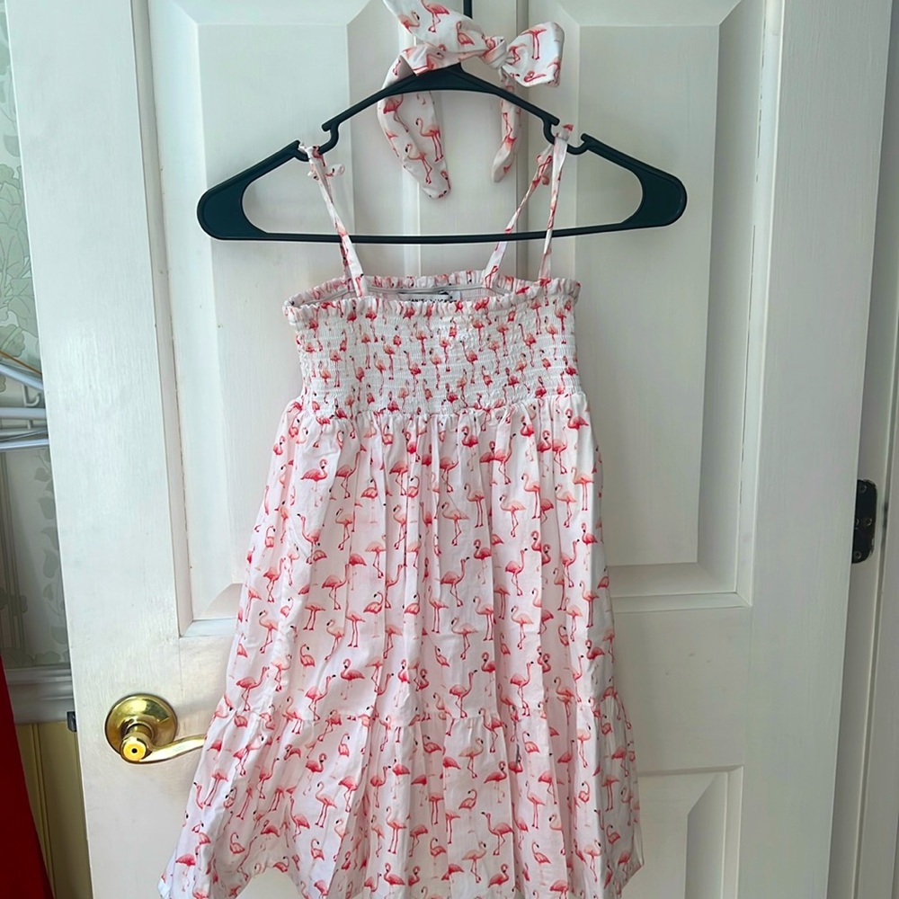 Janie & Jack white dress with pink flamingos on it. Matching headband. Size 8 G
